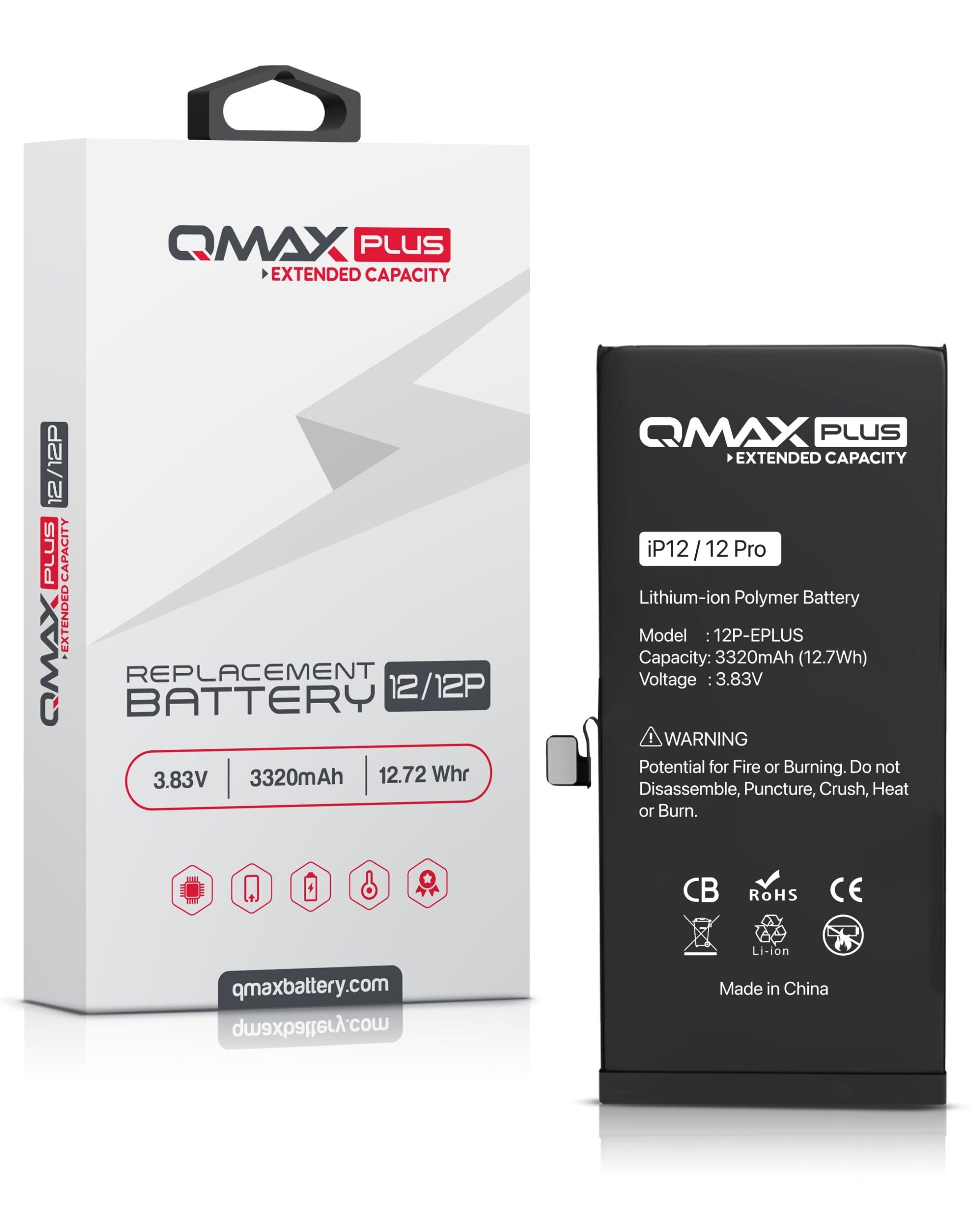 QMAX Plus Extended Capacity Replacement Battery for iPhone 12 / 12 Pro (3320 mAh) (Only Ground Shipping) image 0