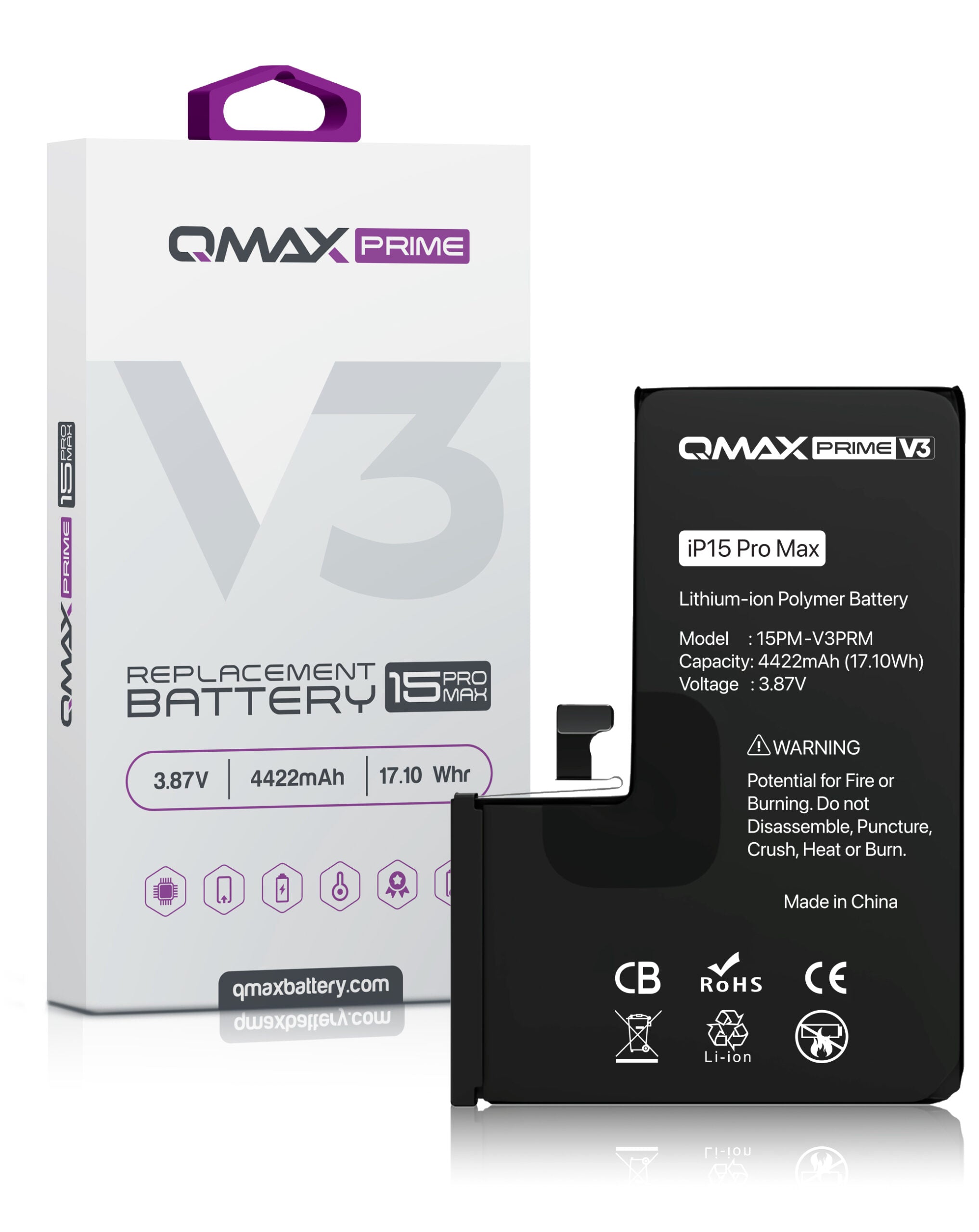 QMAX Prime V3 Replacement Battery for iPhone 15 Pro Max (No Pop-Up) (4422 mAh) (Only Ground Shipping) image 0