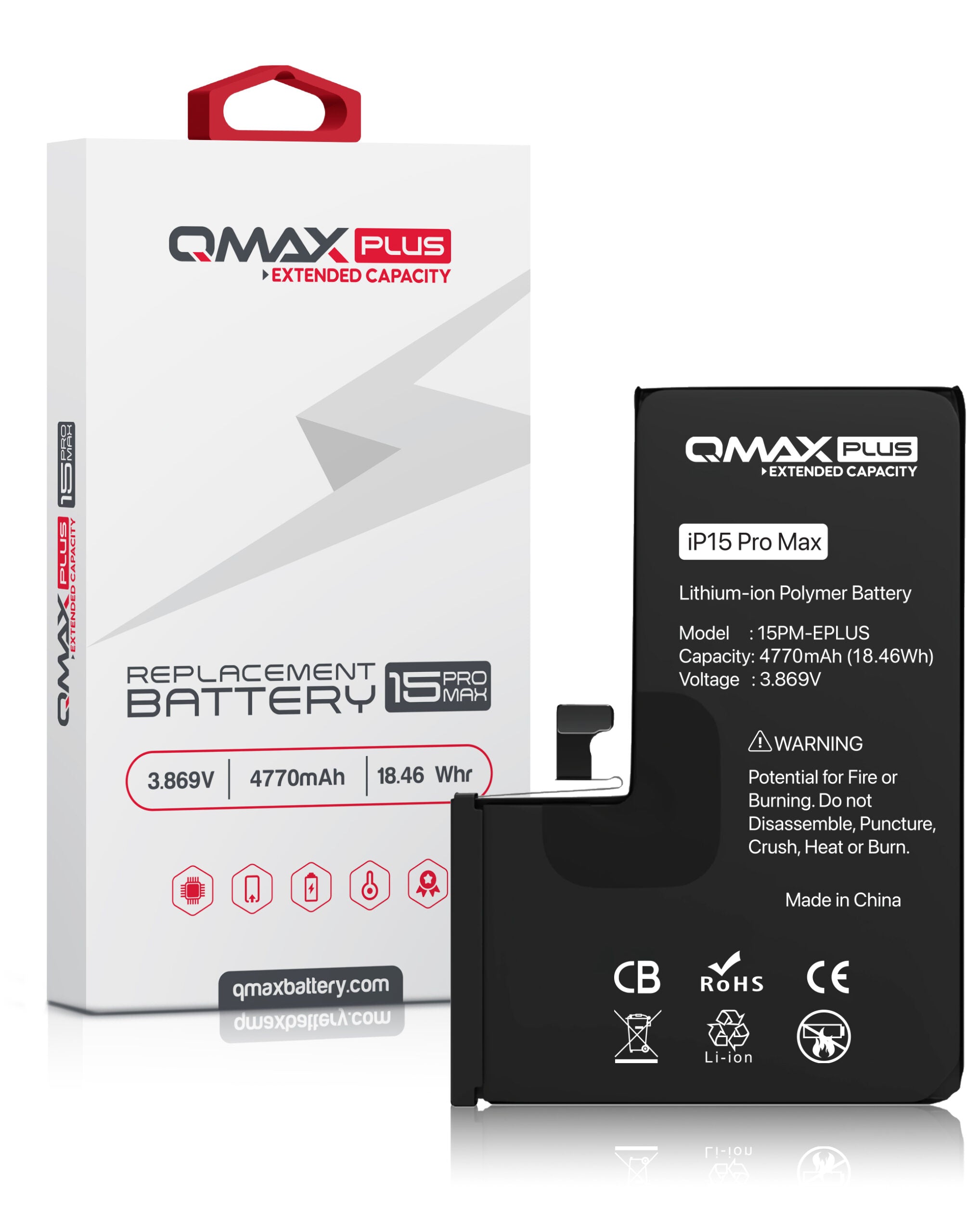 QMAX Plus Extended Capacity Replacement Battery for iPhone 15 Pro Max (4770 mAh) (Only Ground Shipping) image 0
