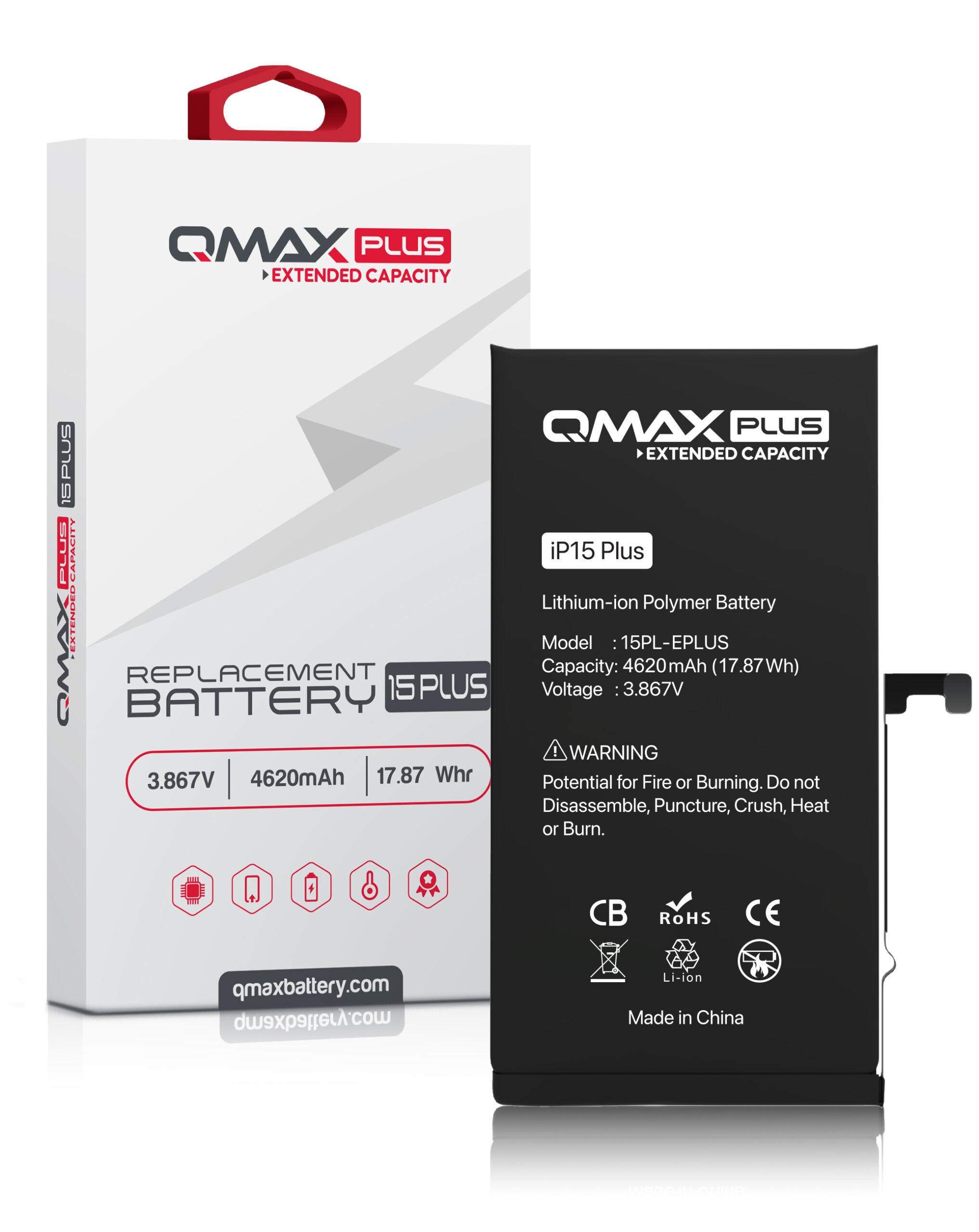 QMAX Plus Extended Capacity Replacement Battery for iPhone 15 Plus (4620 mAh) (Only Ground Shipping) image 0